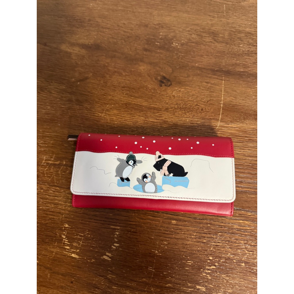 Radley London Red Leather Wallet Penguin Dog Appliqué Slim Bifold Zip Coin Purse